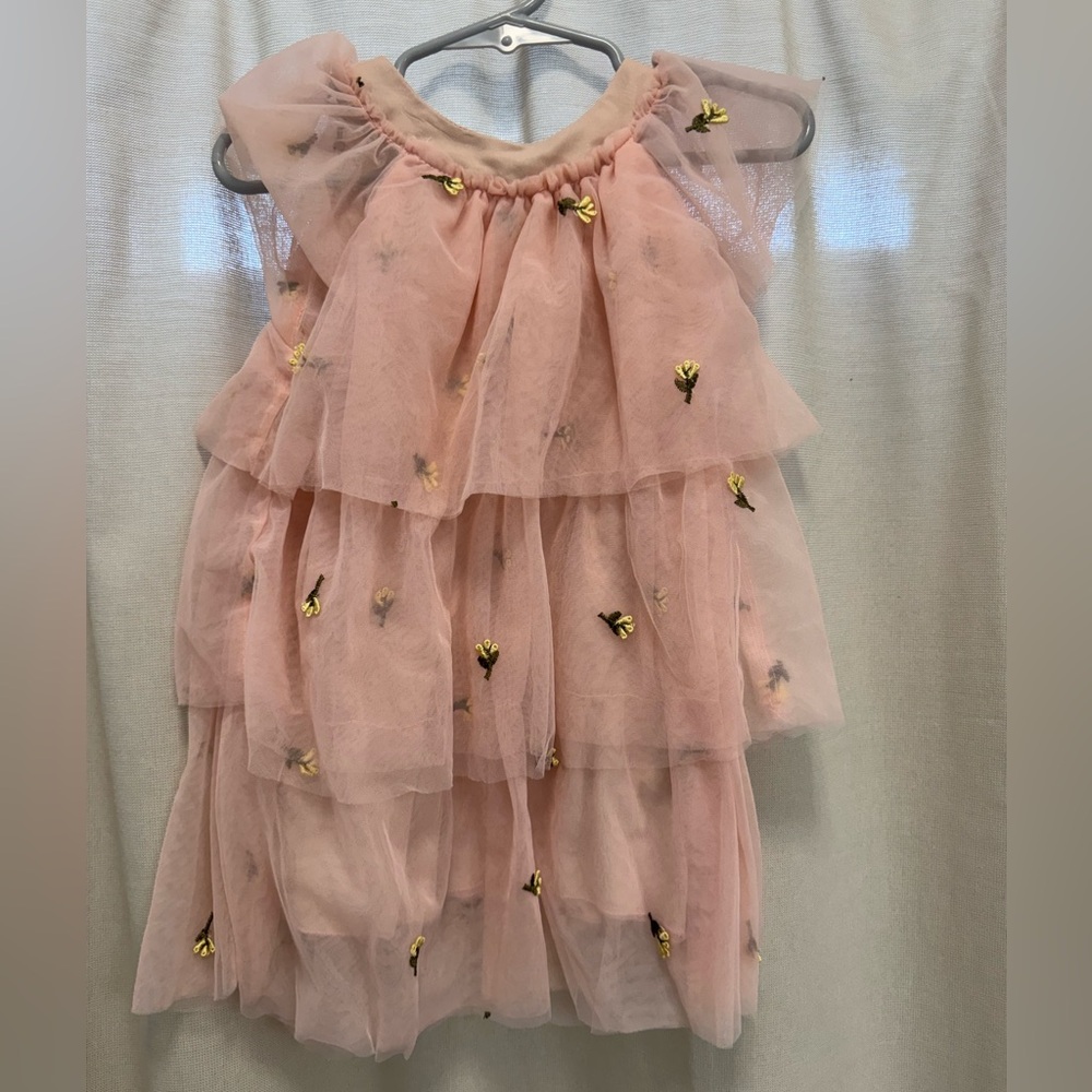 Zara Pink Layered Tulle Dress with Gold Floral Appliqués